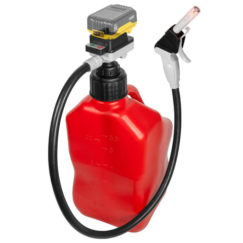 Badass Heavy Duty Cordless Liquid Transfer Pump Four GPM High Flow Battery Operated Fluid Pump with red container and hose
