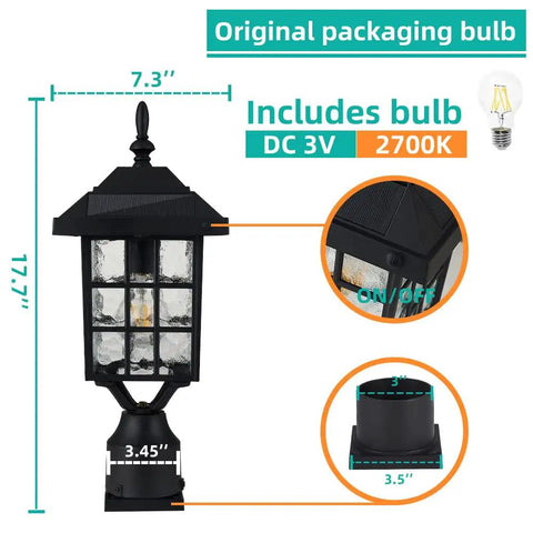 Solar Lamp Post Light Outdoor Matte Black Waterproof With 3.5 Inch Pier Mount Base with dimensions and bulb details