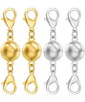 Magnetic Bead Necklace Clasp Closure for Jewelry Converters and Bracelet Extenders, Quick No-Fuss One-Second Tie-On Design, Lightweight 1.25 Inch Length, Strong Yet Smooth Magnetic Closure in gold and silver colors.