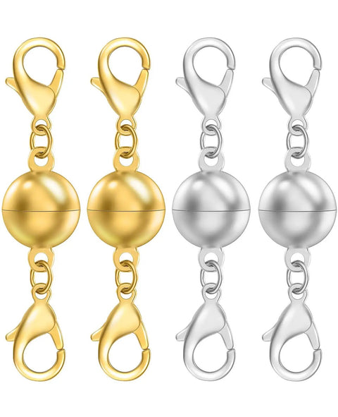 Magnetic Bead Necklace Clasp Closure for Jewelry Converters and Bracelet Extenders, Quick No-Fuss One-Second Tie-On Design, Lightweight 1.25 Inch Length, Strong Yet Smooth Magnetic Closure in gold and silver colors.