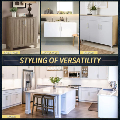 Image of various room setups showcasing versatile cabinetry designs for living room, shower room, bedroom, and kitchen.