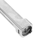 Close-up of stainless steel freezer door pivot hinge showing end view, for commercial stand freezers, size 4.33 x 2.75 x 0.82 in.