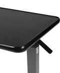 Heavy Duty Adjustable Overbed Table With Ball Bearing Casters, Versatile Rolling Bedside Desk For Hospital Couch Or Wheelchair, No Hassle Portable Laptop Stand For Home, close-up of black tabletop with hydraulic adjustment lever.