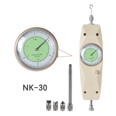 Analog Push Pull Thrust Force Gauge Dynamometer With Pointer 30N 3KG Capacity High Precision Measuring Instrument For Lab And Workshop Easy Readout Durable Build And Versatile Force Measuring Tool, NK-30 with hooks and adapters