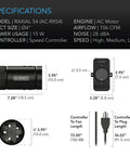 Specifications for RAXIAL S4 Inline Booster Duct Fan 4 Inch With Speed Controller, showing dimensions and airflow details.