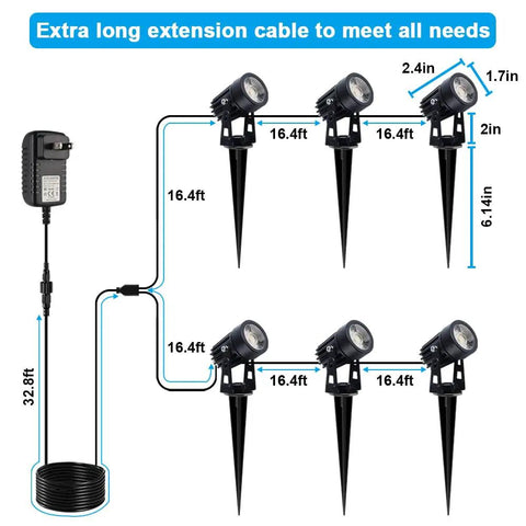 Diagram of Outdoor Uplight Landscape Spotlight Kit With Transformer, 6 Pack Low Voltage Garden Lights With Stakes and 131.2 Ft Cable