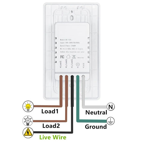 Wiring diagram for Smart WiFi Double Light Switch 2 In 1 Single Pole Remote Control Timed Function Works With Alexa Google Assistant IFTTT No Hub Required 1 Pack Great For Controlling Lights And Fans.