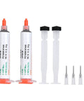 Two 50g Solder Paste Syringes Sn42 Bi58 Tin Bismuth Soldering Flux For SMD PCB Electronics Repair Colorless With Low Smoke And No Irritating Odor Total Weight 100g with caps and nozzles