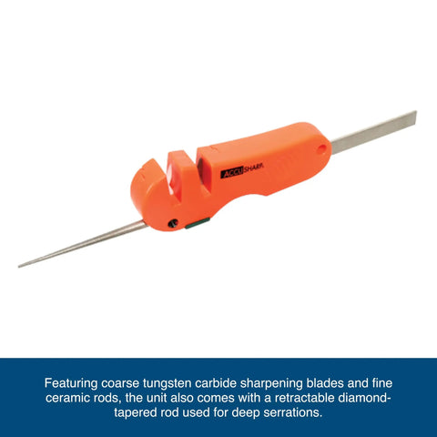 4 In 1 Knife And Tool Sharpener With Coarse Tungsten Carbide Blade, Ceramic Rod And Retractable Diamond Tapered Rod For Knives, Fish Hooks And Tools Orange Outdoorsman Gear For Camping And Fishing