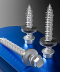 Heavy Duty Gray Hex Roof Screws With Integrated Epdm Washers Rock Solid Self Tapping Fasteners For Metal To Wood Shed Builds Tough Rust Resistant Steel 98 Pack Bundle, showcasing three detailed screws.