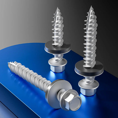 Heavy Duty Gray Hex Roof Screws With Integrated Epdm Washers Rock Solid Self Tapping Fasteners For Metal To Wood Shed Builds Tough Rust Resistant Steel 98 Pack Bundle, showcasing three detailed screws.