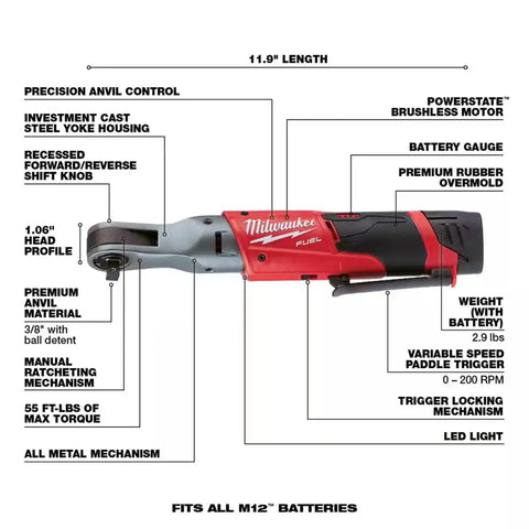 Pro Level 12 Volt Cordless Ratchet With Brushless Motor And 3/8 Square Drive showing detailed features and specifications.