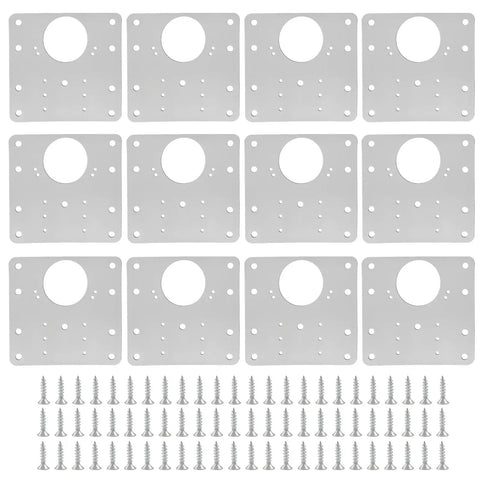 12 Piece Cabinet Hinge Repair Plate Kit With Stainless Steel Brackets And Mounting Screws displayed in rows