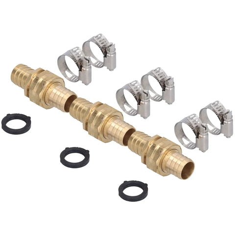 3/4 Inch Garden Hose Repair Connector Set, Brass Fittings For 3/4 Or 5/8 Inch Hoses, Includes Washers and Clamps