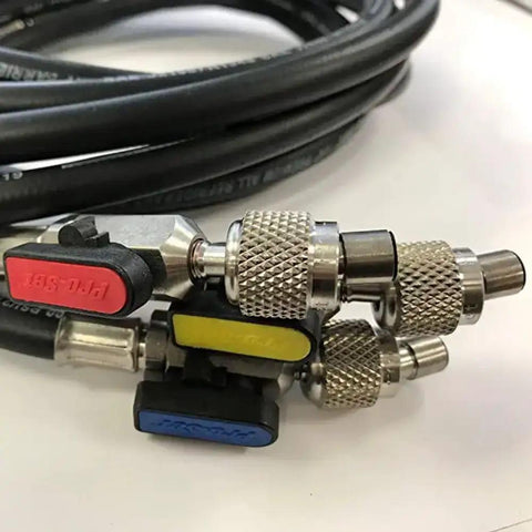 Heavy Duty Five Foot Refrigerant Charging Hoses With Straight Shot Ball Valve And Matte Black Chrome Accents Built Tough For Auto Ac Crews Demanding Reliable Coolant Transfer Speed