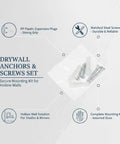 DIY Friendly Hollow Wall Mount Kit For Shelves And Mirrors With Drywall Anchors And Screws, PP Plastic Expansion Plugs And Steel Screws, No Studs Needed, Perfect For Towel Bars, Framed Art, And Light Fixtures. pictured with assorted screws and anchors