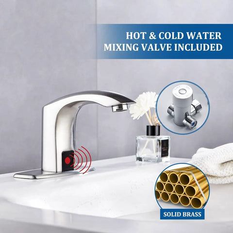 Sensor Automatic Touchless Bathroom Sink Faucet With Hot And Cold Mixer, Hands Free Water Flow, Brushed Nickel Finish, Installed