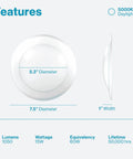 Dimensions and features of 5 or 6 inch LED disk lights, 15W, 1050 lumens, recessed flush mount, 5000K daylight, ETL and Energy Star listed.