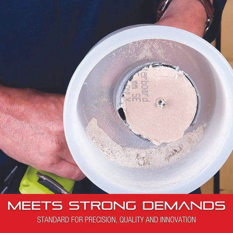 Flexible Debris Collector For Hole Saw Dust And Debris Time Saving Keeps Your Drill Motor Clean Fits Hole Saws Up To Four And Three Quarters Inches Ideal For Pros And DIY Home Improvement installed on a drill showing collected dust and cut surface