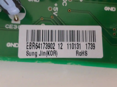 Close-up of Genuine OEM Compressor Control Board for LG Refrigerators Replacement PCBA Module label with serial number EBR64173902
