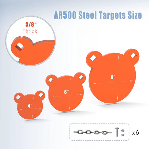 Three Eighths Inch AR500 Steel Target Set For Shooting Range Practice With 4, 6 And 8 Inch Gong Targets And Stand, Laser Cut Burr Free Plates