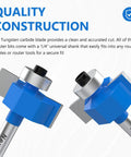 Rabbet Router Bit Set With One Quarter Inch Shank Includes Four Cutting Heights And Six Interchangeable Bearings For Depths In Easy To Use Woodworking Kit Built With YG8 Carbide Blade For Precise Rabeting And Biscuit Slot Cutting showing carbide blades and interchangeable bearings.