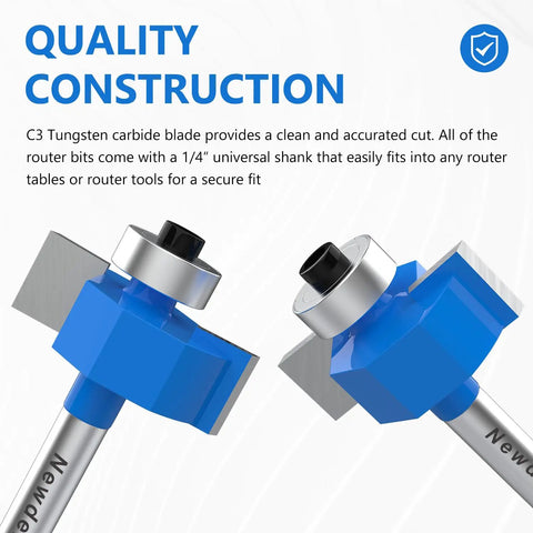 Close-up of Heavy Duty One Quarter Inch Shank Rabbet Router Bit Set Featuring Six Swappable Brass Bearings for accurate cuts.