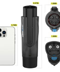 Tesla To J1772 Charger Adapter With Security Lock For High Power 48A 250V Fast Charging shown with measurements next to smartphone