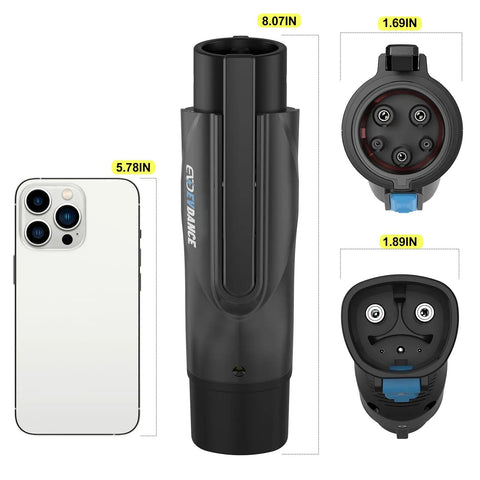 Tesla To J1772 Charger Adapter With Security Lock For High Power 48A 250V Fast Charging shown with measurements next to smartphone