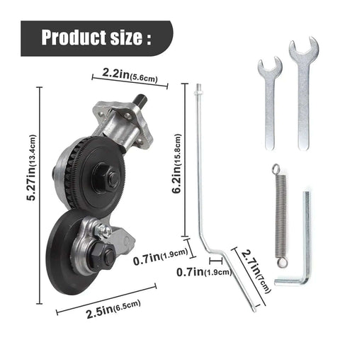 Pro Grade Drill Attachment Kit with metal nibbler, wrench, spring, and precise dimensions for DIY metalworking and sheet cutting