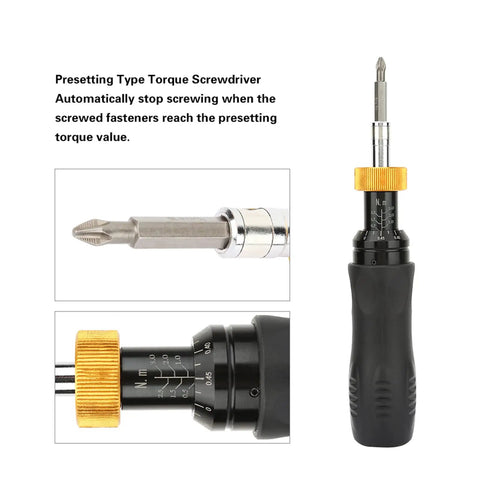 Precision Screwdriver Set With Auto Stop, 0.5-3 Nm Range, RTD-3 Driver, Hex Socket Connector, Wrench Style Handle, Includes 2 Screw Bits For Circuit Boards And Tiny Electronics, Ergonomic Grip, Versatile Bit Connection For Electronics, black handle