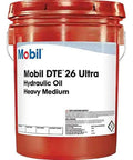 Red 5-gallon container of Mobil DTE 26 Ultra Hydraulic Oil Heavy Medium with label details.