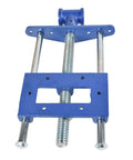 Top Shelf Heavy Duty Woodworking Bench Vise With Cast Iron Jaw for knockout holding power and quick under bench mount, blue metal clamp.