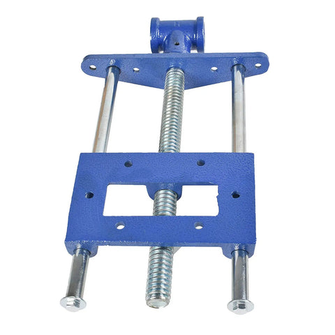 Top Shelf Heavy Duty Woodworking Bench Vise With Cast Iron Jaw for knockout holding power and quick under bench mount, blue metal clamp.