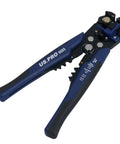 Top Shelf Automatic Wire Stripper Crimper And Cutter Handy Multi Tool With Adjustable Insulated Grip and Full Range Terminal Kit showing a blue crimping tool.