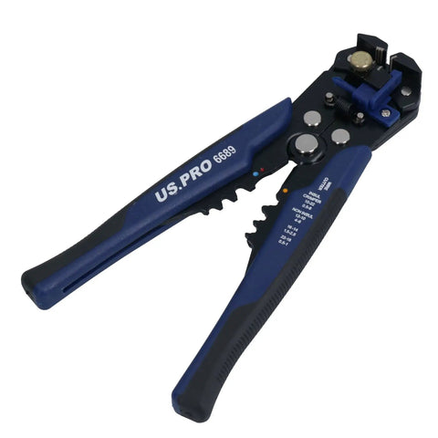Top Shelf Automatic Wire Stripper Crimper And Cutter Handy Multi Tool With Adjustable Insulated Grip and Full Range Terminal Kit showing a blue crimping tool.