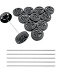 12 Pack Toy Car Wheels With 2mm Shaft Axles For RC Cars Trucks Robots And DIY Models, featuring black plastic wheels and metal shafts