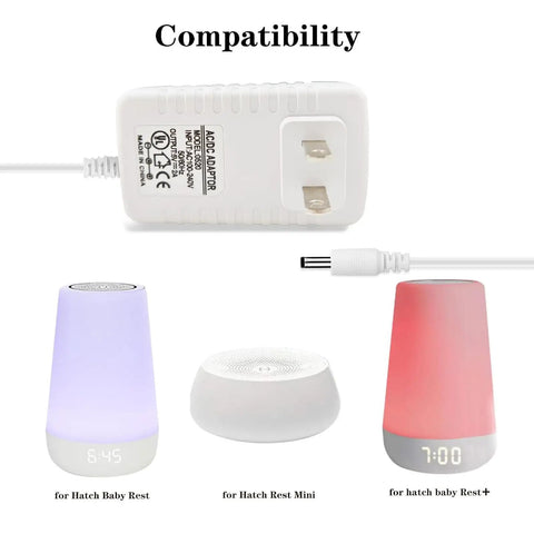 5V Power Cord Replacement For Rest Series Sound Machine Charger For Rest, Rest Plus, And Rest Mini, No Fuss AC Wall Adapter With Barrel Plug, Replacement Part Model LACW027 and compatible sound machines displayed