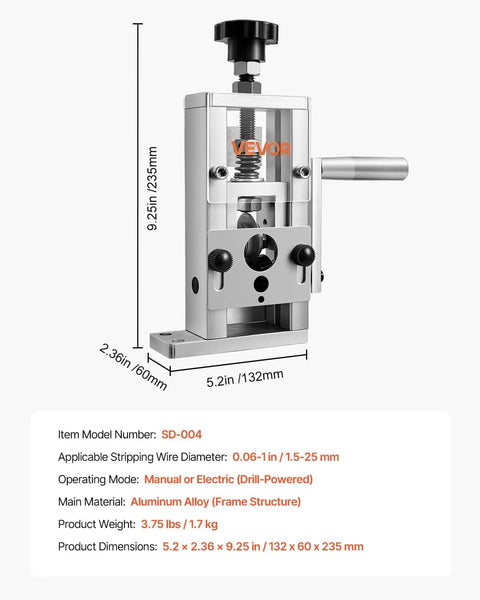 Manual Wire Stripper For Scrap Copper, Portable Hand Crank Or Drill Powered with aluminum frame, front view display