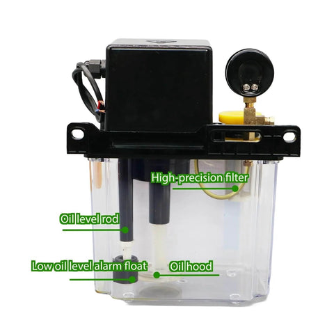 2L CNC Lubricant Pump Kit with Automatic Oil Lubrication System, visible high-precision filter and low oil level alarm float, front view.