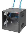 Rock Solid Wall Mount Cabinet With Double Hinged Door For Standard 19U Racks Built From Heavy Duty 12 Gauge Coated Steel In Sleek Black Finish with blue cables.