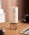 Portable Electric Burr Coffee Grinder With 38 Adjustable Grind Settings For Espresso French Press on a wooden table.