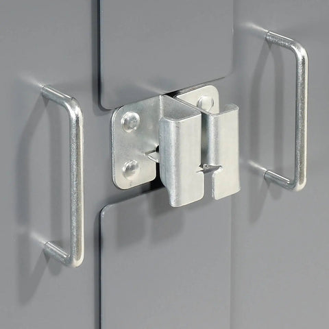Workhorse Steel Storage Cabinet With Adjustable Interior Shelves And Heavy Duty Deep Pocket Doors, close-up of sturdy lock mechanism.