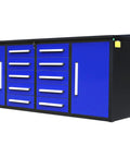 Heavy Duty Steel Tool Cabinet and Workbench Combo with 10 Drawers and 2 Cupboard Doors with Locks, blue finish.