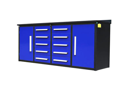 Heavy Duty Steel Workshop Workbench And Storage Cabinet Featuring Locking Drawers With Non Slip Liners Plus Two Secure Side Compartments, blue steel tool organizer with multiple drawers.