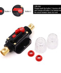 40 Amp Inline Circuit Breaker With Manual Reset Fuse Holder for Car Audio Marine Boat 12V-24V DC, shown with accessories.