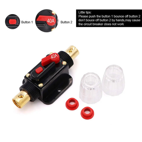 40 Amp Inline Circuit Breaker With Manual Reset Fuse Holder for Car Audio Marine Boat 12V-24V DC, shown with accessories.