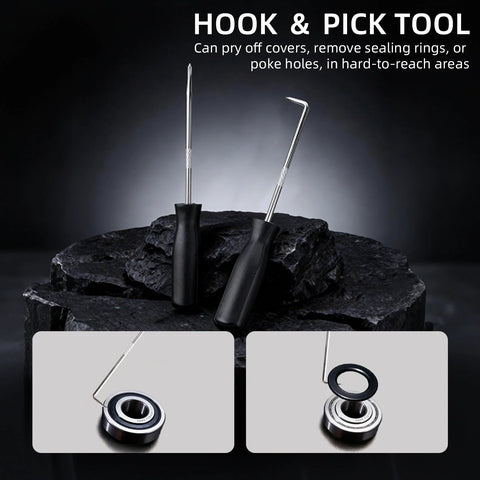 Close-up of hook and pick tools from 10 Piece Snap Ring Pliers Set Heavy Duty Internal And External Circlip Pliers Kit on dark background