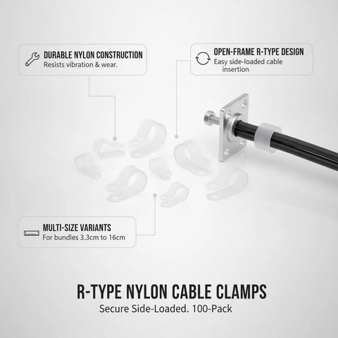 R Type Nylon Wire Holders Open Frame Side Load Clips with secure mounting for easy wire routing, 100 pack