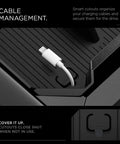Close-up of center console organizer tray for Tesla Cybertruck with intelligrip padding and cable management feature shown.
